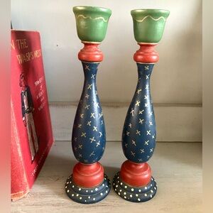 Vintage Hand painted wooden Folk Art Candle Sticks 9” Red Blue Gold Cottagecore
